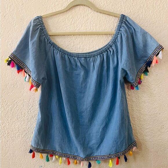 Speed Limit Blouse Med Blue Fringe Festival 100% Cotton Coachella Colorful - Picture 2 of 7